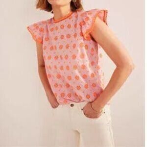 Boden Embroidered Pom Trim Top Womens 2 Pink Neon Girlhood Cottagecore Boho